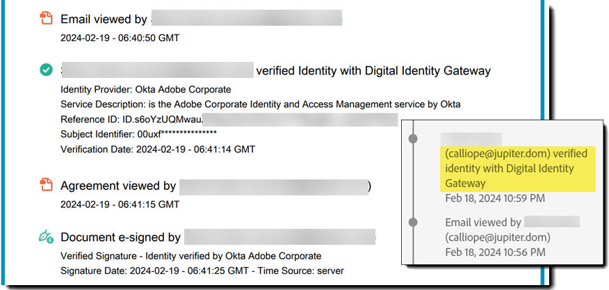 The audit report and activity log for a successful identity event.