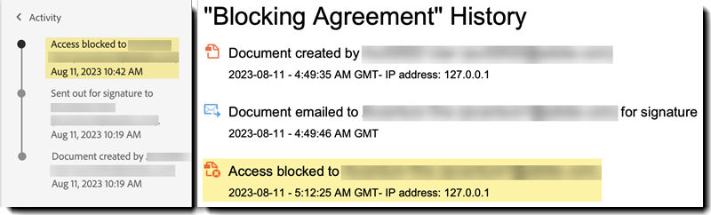 The Activity log and Audit Report highlighting the block event.