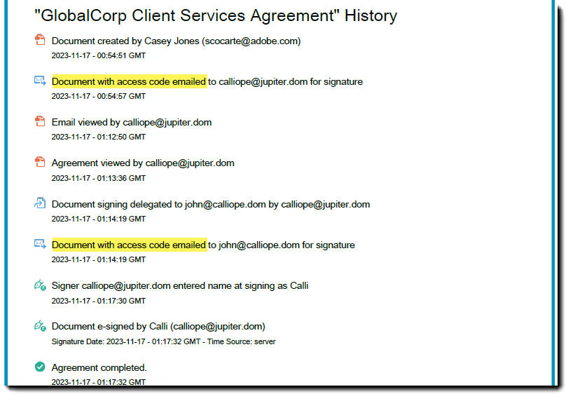 The audit report with the sent email l.events highlighted to show the access code text.