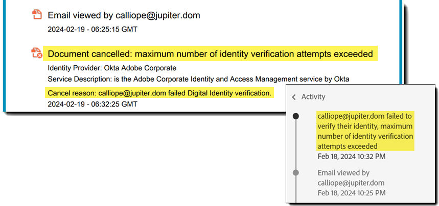 The audit report and activity log for a failed identity event.