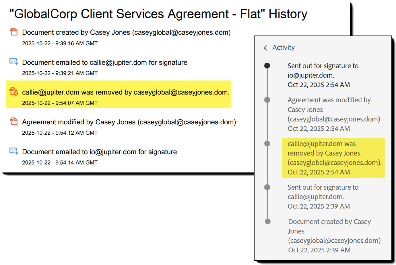 The Activity list and Audit Report highlighting the recipient removal event.
