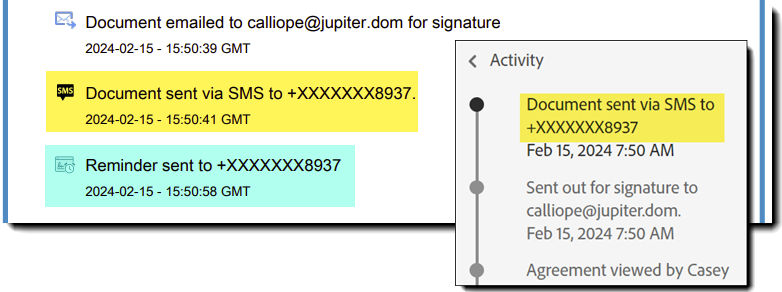 The Audit report highlighting the record of the SMS link being sent