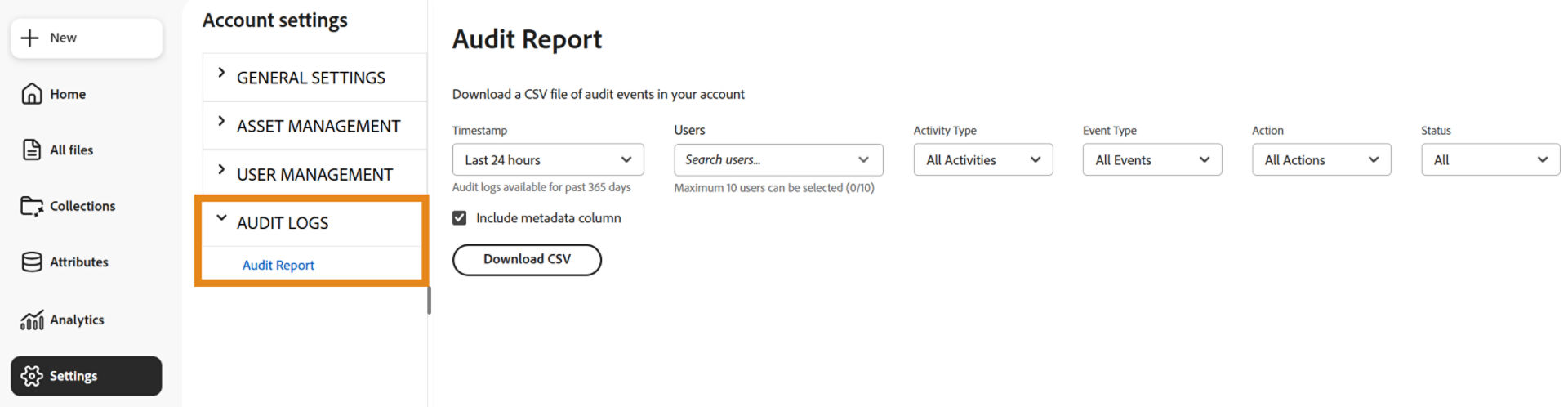 Audit report configuration showing filters for users, date range, event type, activity type, action, and status.