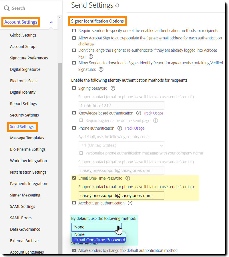 Navigate to the OTPvEm settings