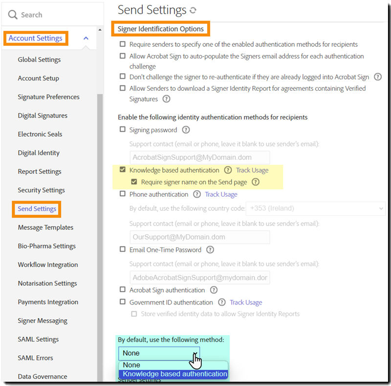 Send Settings page highli8ghting the KBA identity authentication controls