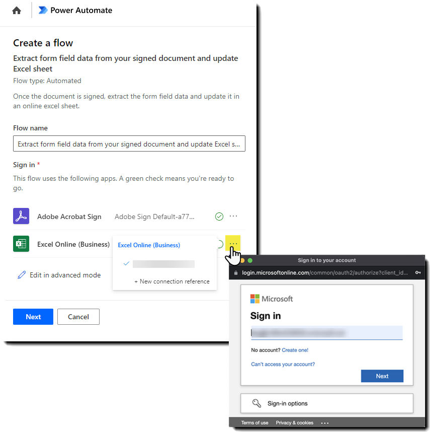 The Power Automate between Acrobat Sign and Excel with the authentication panel exposed