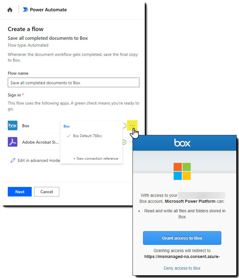 The Power Automate between Acrobat Sign and Box with the authentication panel exposed