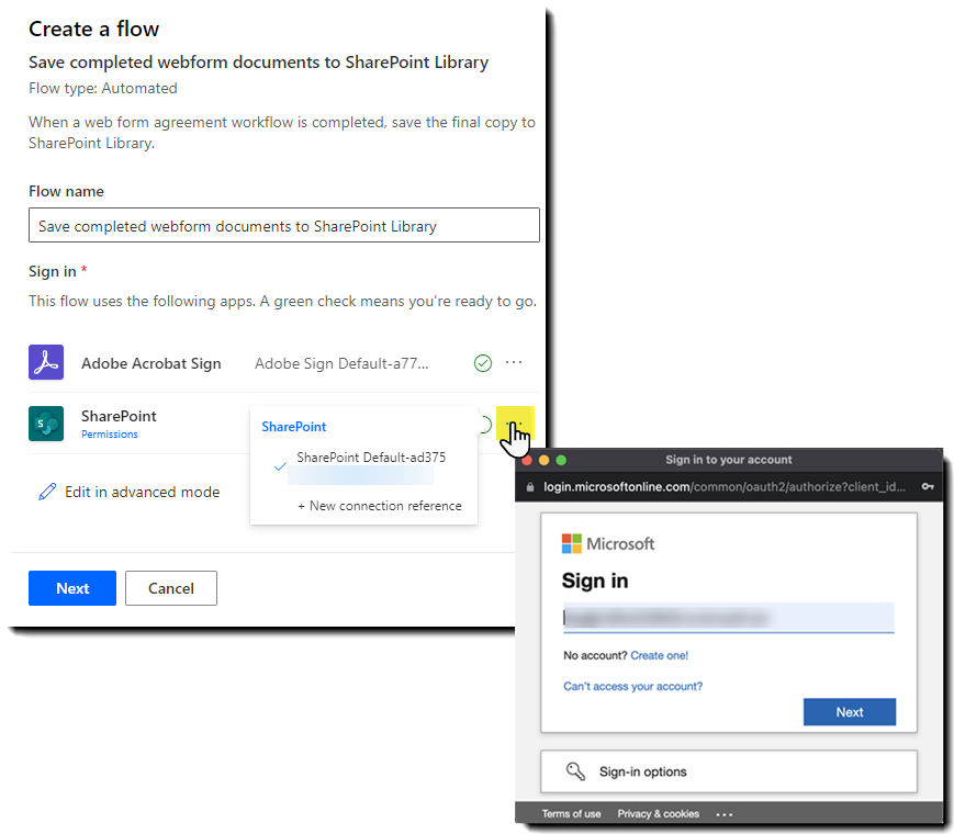 The Power Automate between Acrobat Sign and sharepoint with the authentication panel exposed