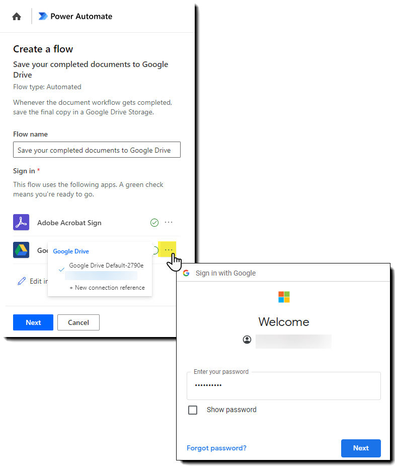 The Power Automate between Acrobat Sign and Google Drive with the authentication panel exposed