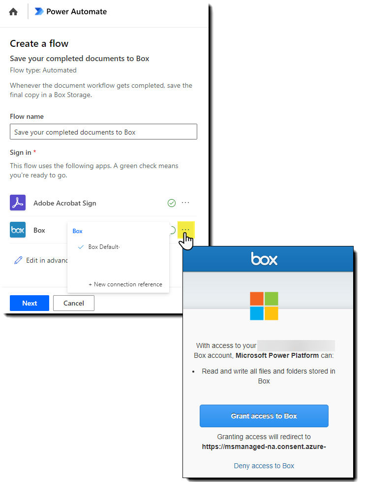The Power Automate between Acrobat Sign and Box with the authentication panel exposed