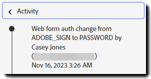 The Activity log showing the update to the authentication method.