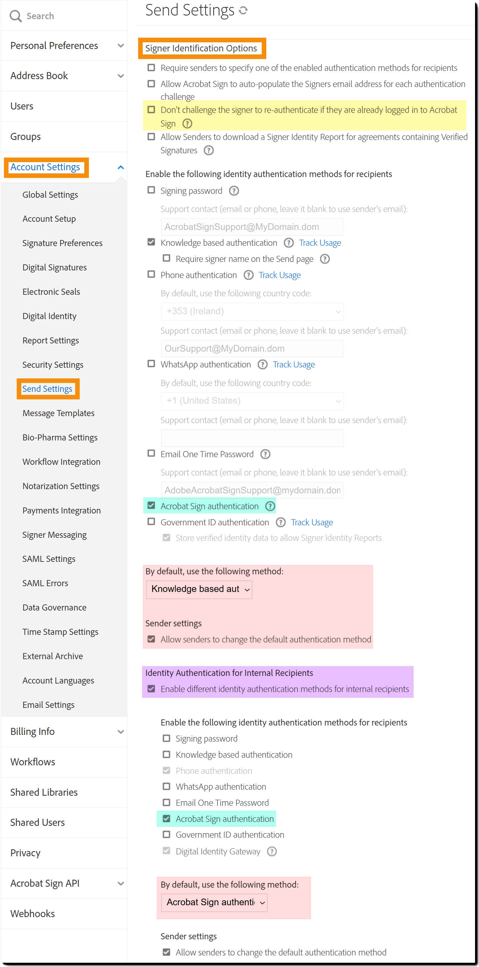 The Send Settings section of the admin menu highlighting the "Signer Identification Options" controls.