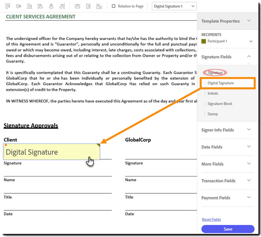 Author a digital signature field onto the document.