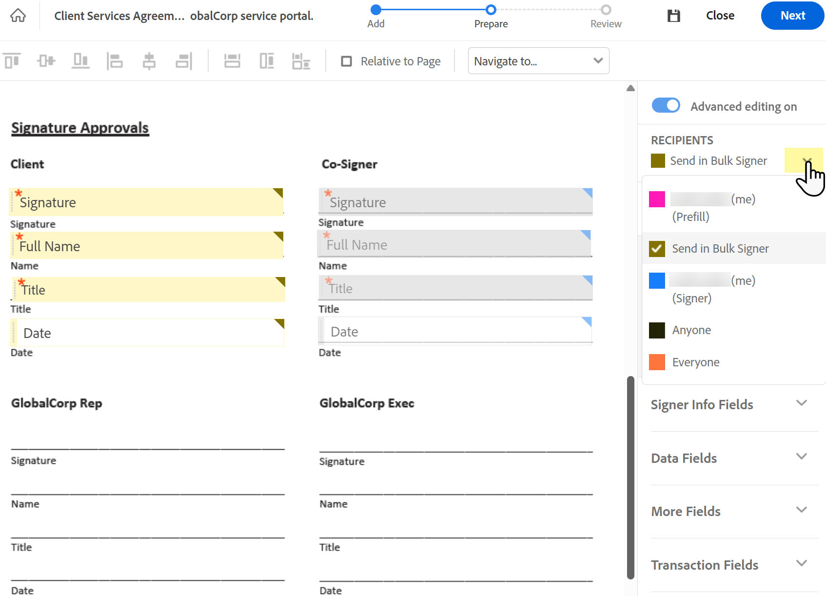The field authoring environment with the Recipients list expanded and several fields placed.