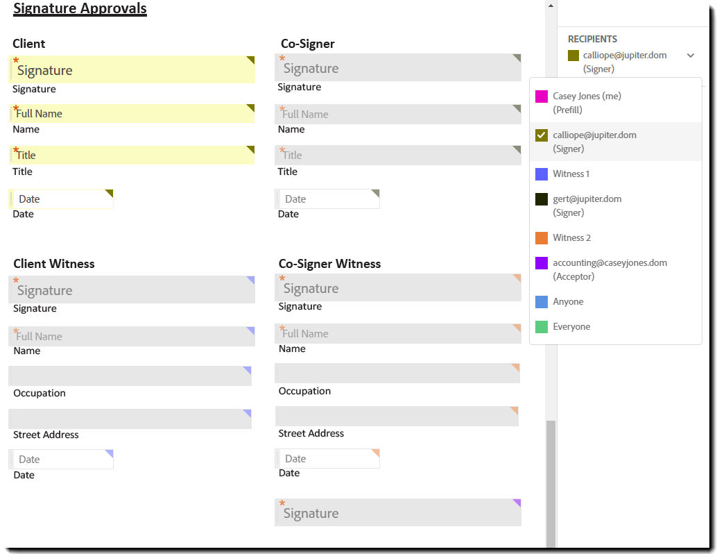 The authoring environment showing the recipients list expanded and highlighting the Witness participant.