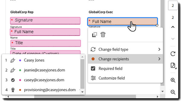 The authoring environment with a selected field showing the "Change recipient" action