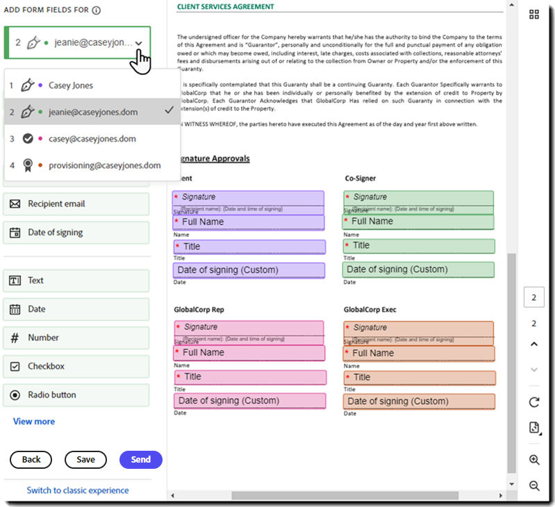 The authoring environment showing the list of recipients and their respective fields color coded.