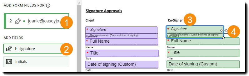 The authoring environment with a signature field being placed on the signature line