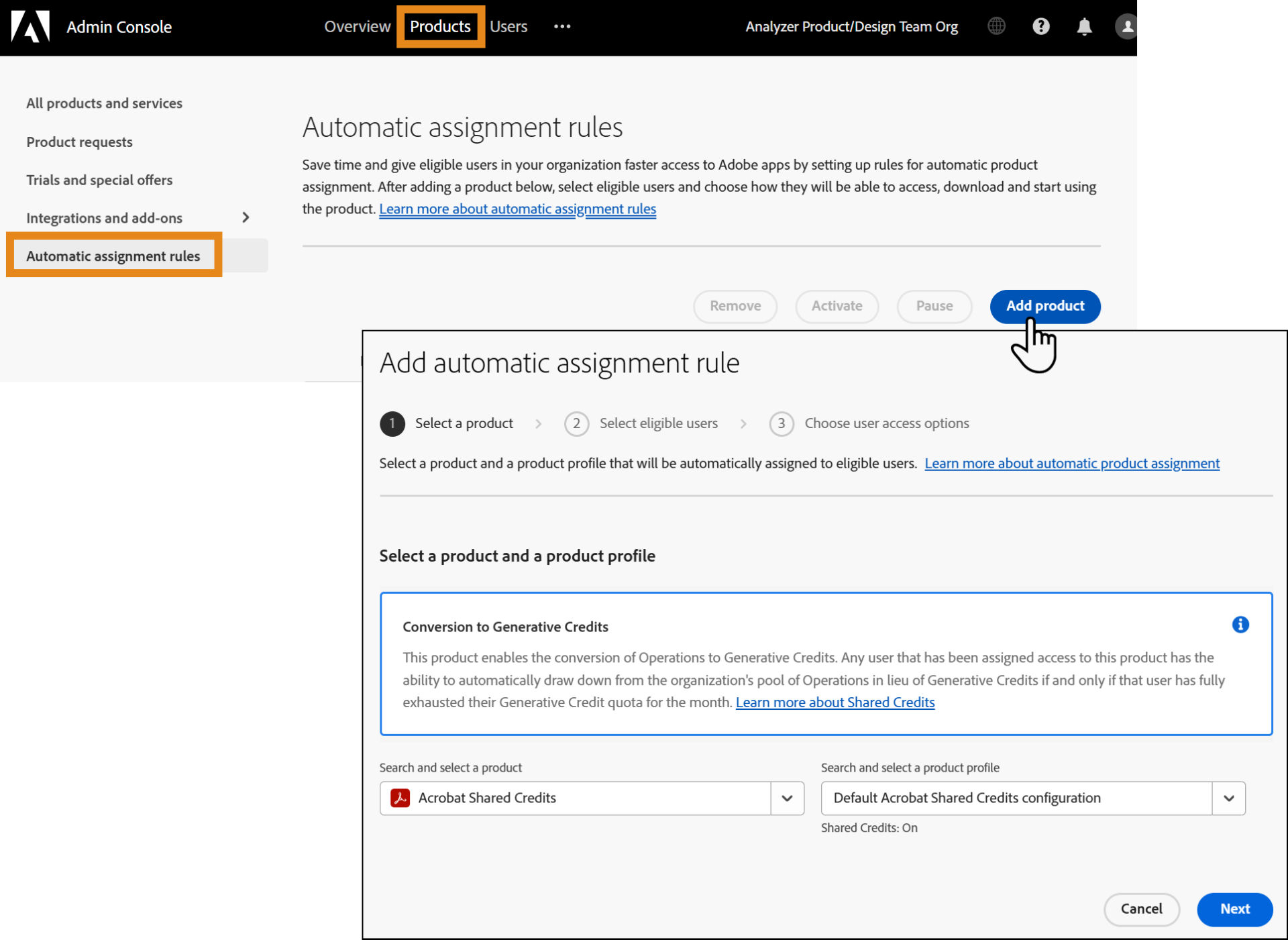 Adobe Admin Console Automatic assignment rules page with the Select a product and product profile panel open.