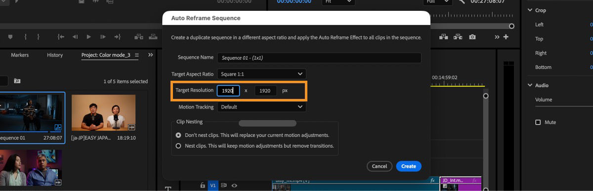 Auto Reframe dialog showing Target Resolution fields set to 1920 by 1920 pixels.