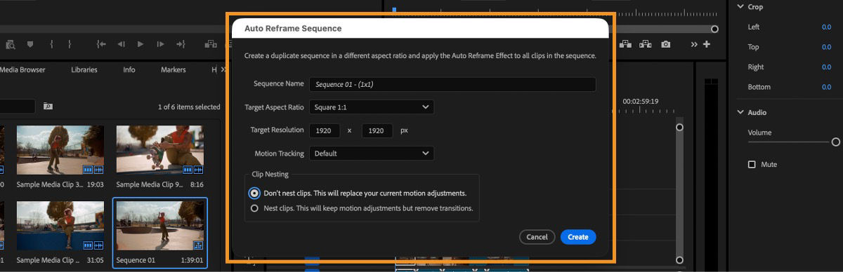 The Auto Reframe Sequence dialog box where you can select the Target Aspect ratio and set other options to reframe your sequence.
