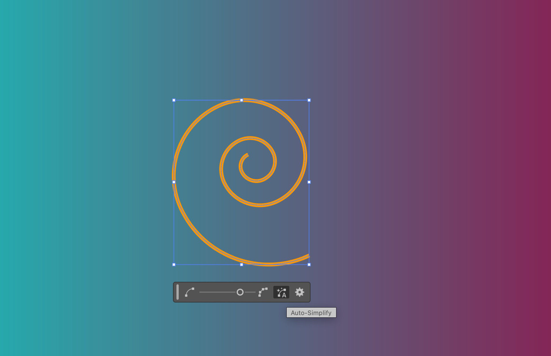 Illustration of a spiral path with the Auto-Simplify icon highlighted to reduce the anchor points.