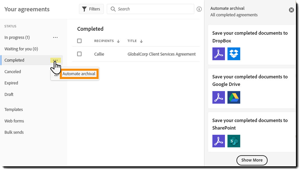 The manage page with the Automate archival action highlighted, and the right hand panel showing the suggested flows to choose from.