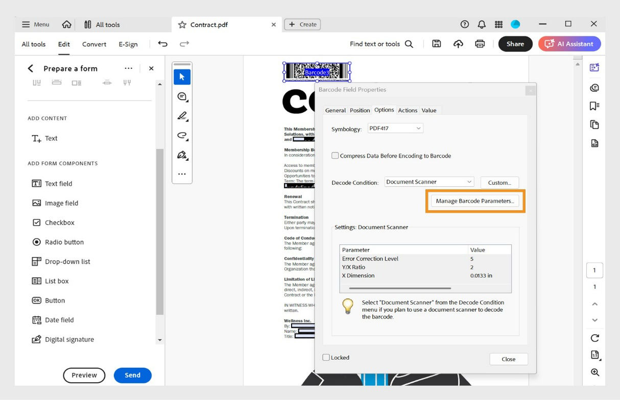 Barcode Field Properties dialog in Acrobat showing symbology, decode condition, and scanner settings with option to manage parameters.