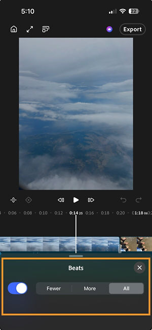 Beats panel with toggle on showing Fewer, More, and All options.