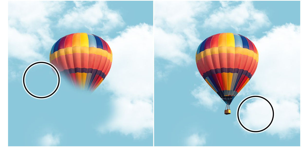 Before and after comparison of a hot air balloon image restored with the History Brush tool, showing the basket added back in the right image.