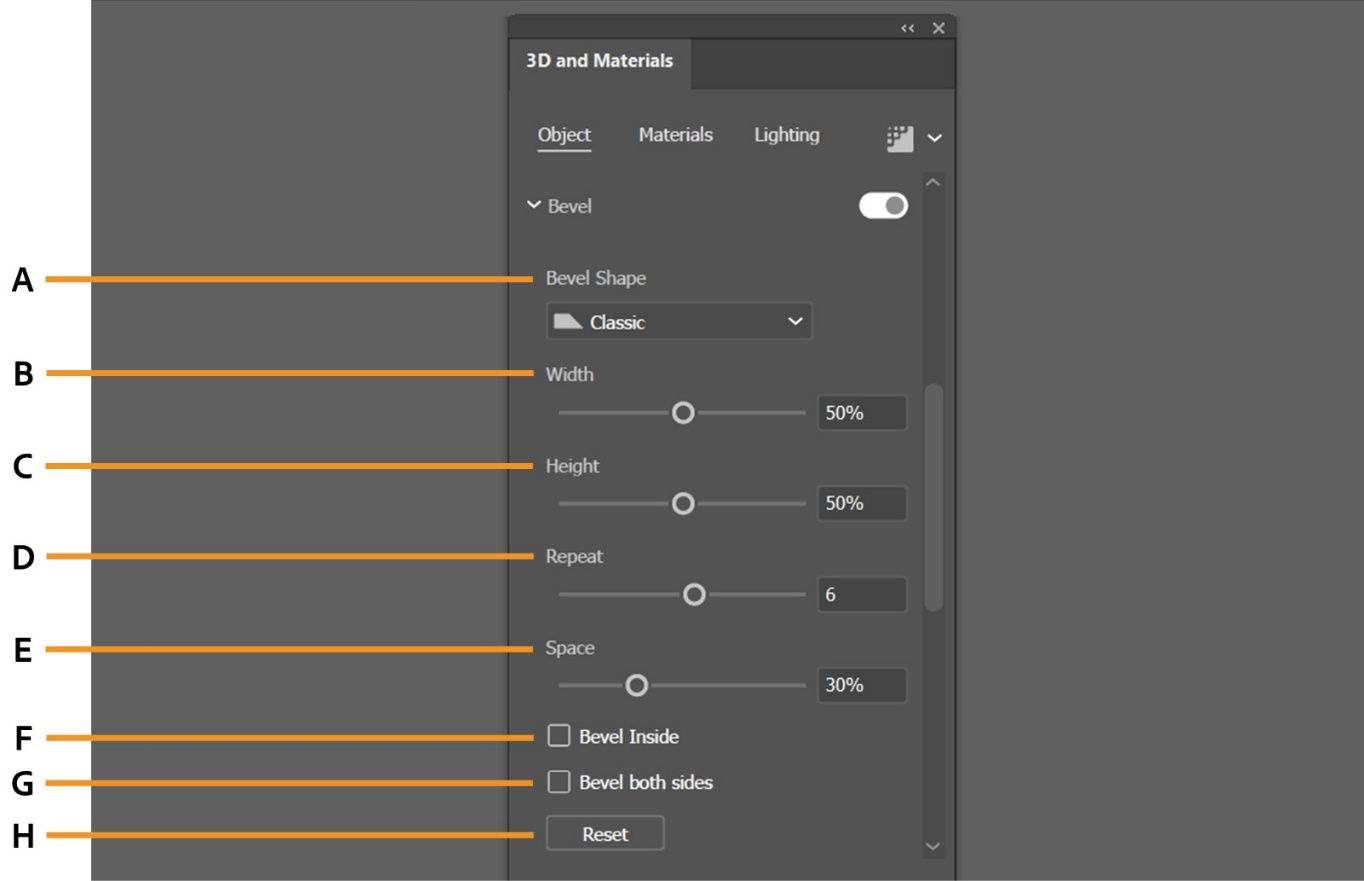 Bevel options in the 3D and Materials panel, displays the following settings: Bevel Shape, Width, Height, Repeat, Space, Bevel Inside, Bevel both sides, and Reset.