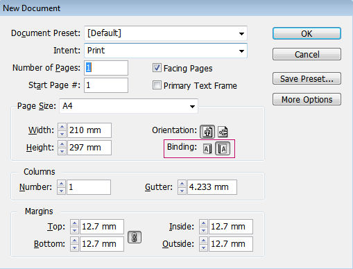 Binding direction can be set when you start a document