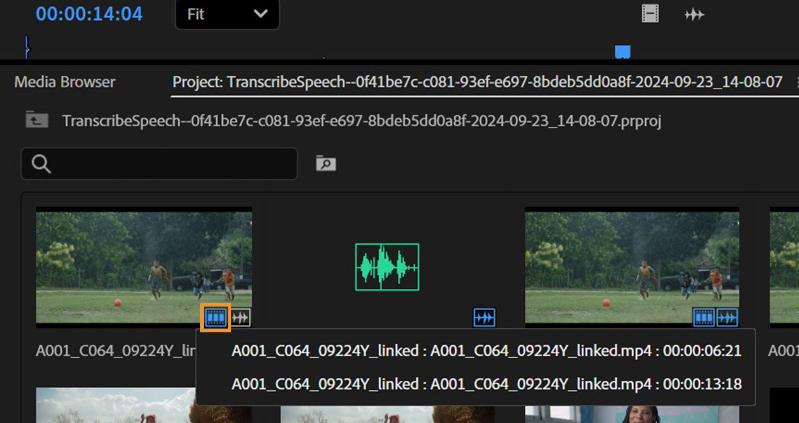 Blue video icon showing all sequence locations and timecodes for a selected clip in the Project panel.