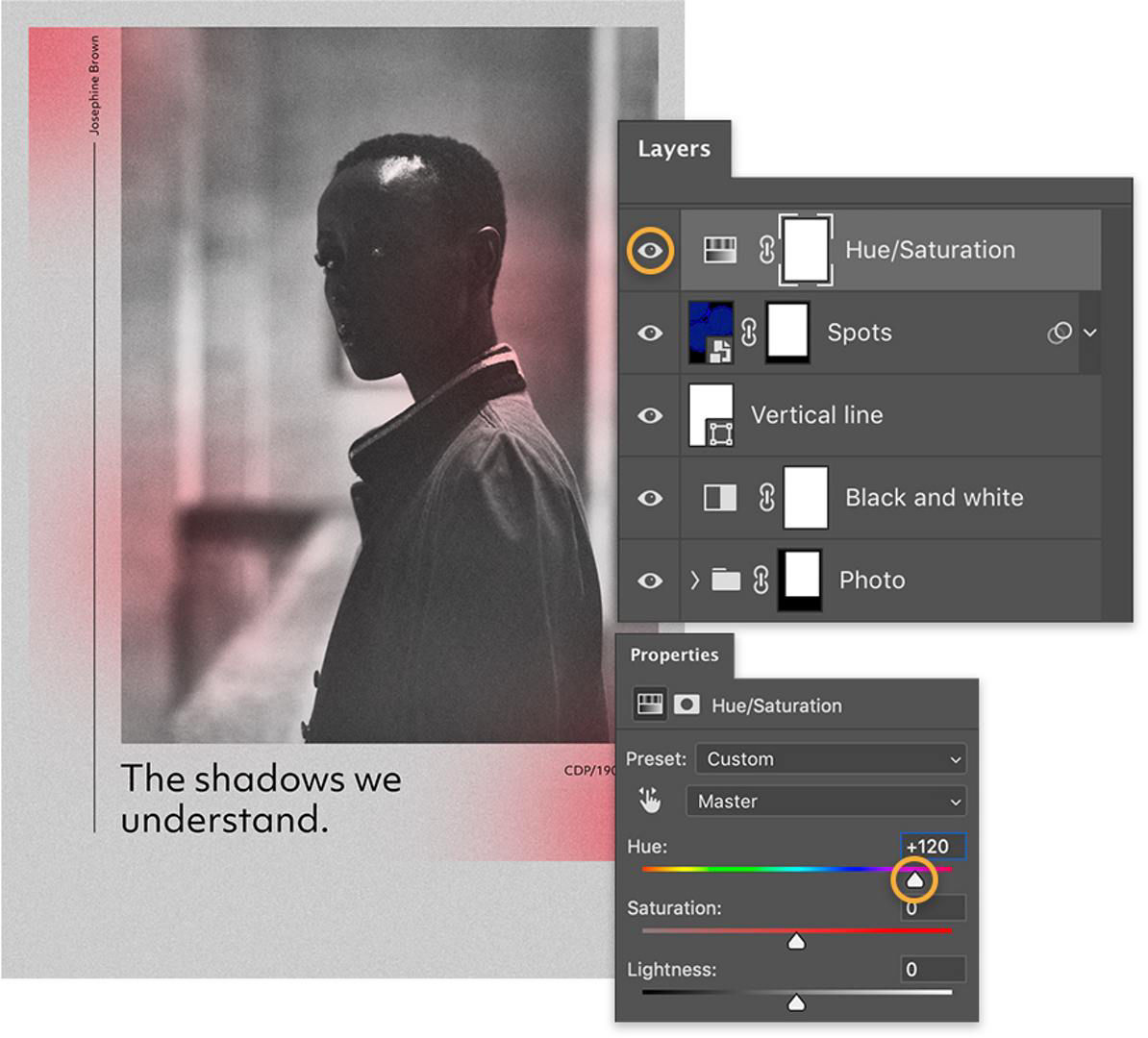 Book cover has image of woman in profile, the title is “The shadows we understand.” Hue/saturation adjustment on blue spots.