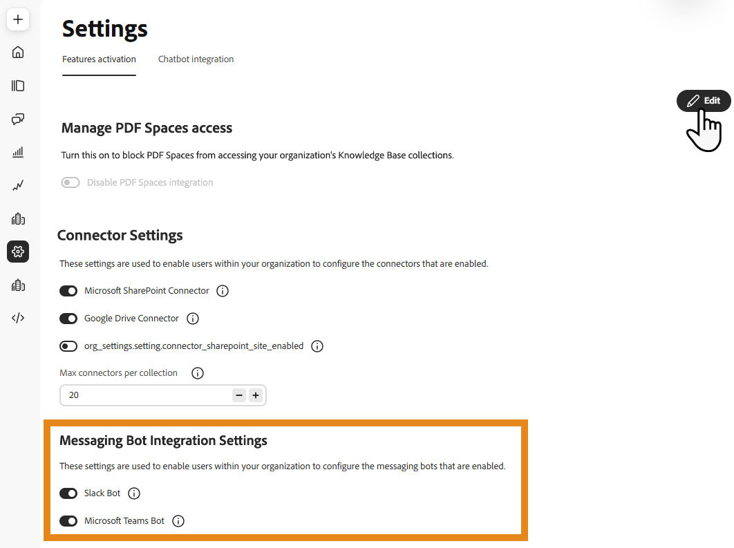 Messaging Bot Integration Settings with controls for Slack Bot and Microsoft Teams Bot.