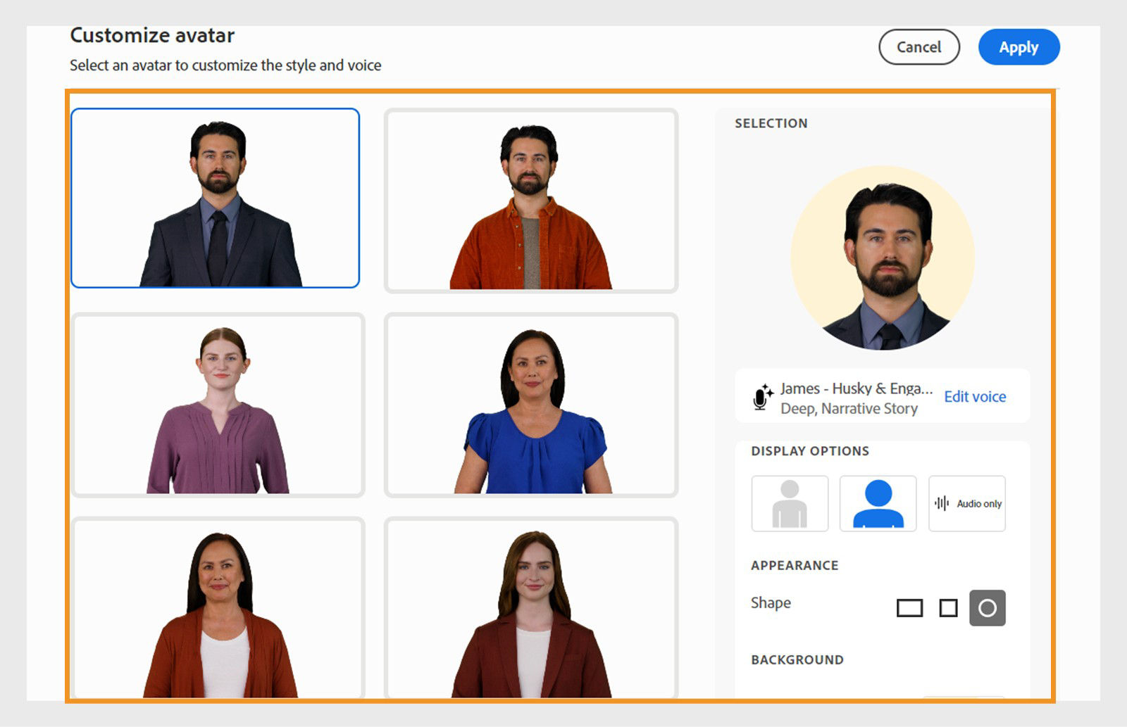 Avatar selection interface showing different character options with a preview panel on the right displaying the selected avatar.