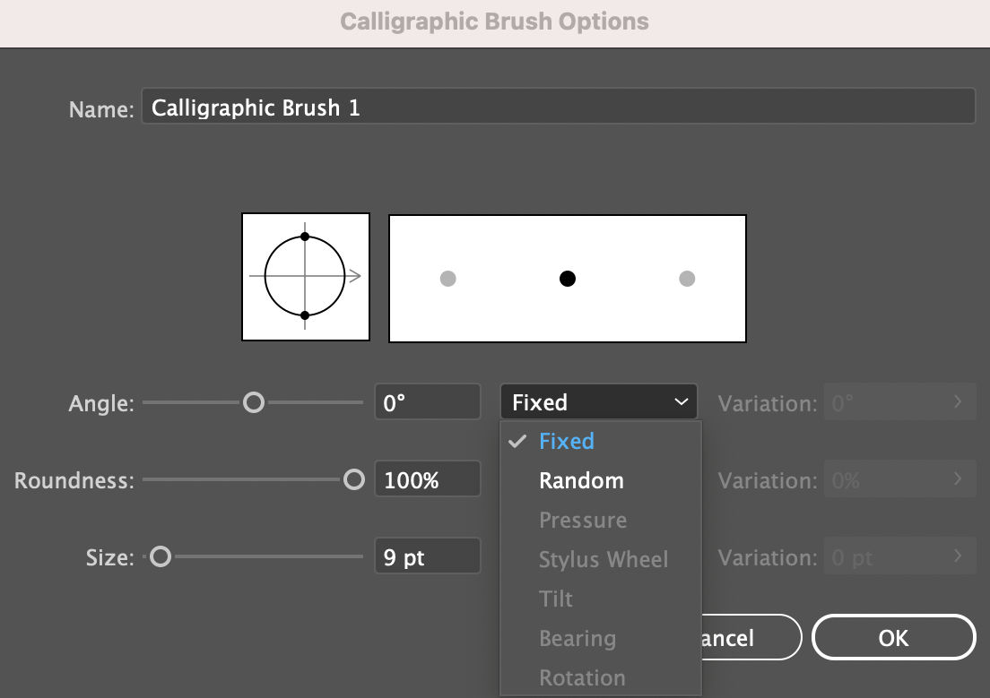 Calligraphic brush options dialog box is open. The dropdown is selected to check if the Pressure option is greyed out.