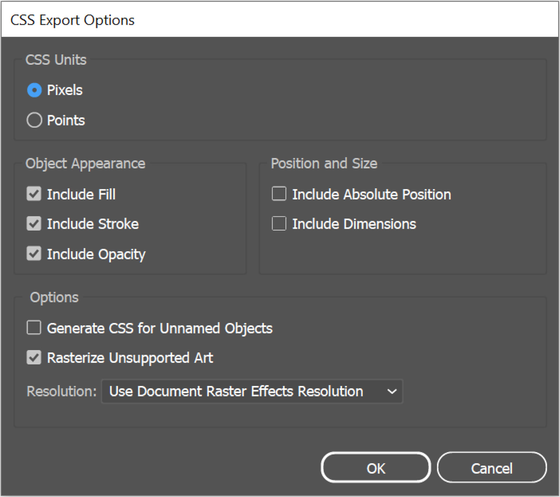 CSS Export Options  dialog 