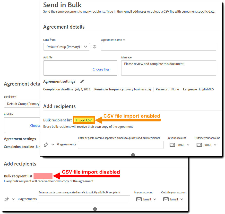 Tow images of the Send in Bulk interface, one highlighting the Import CSV link (enabled) and one showing the link as absent (disabled)