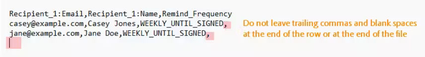 Example of a CSV file highlighting trailing commas and a blank line at the end of the file.