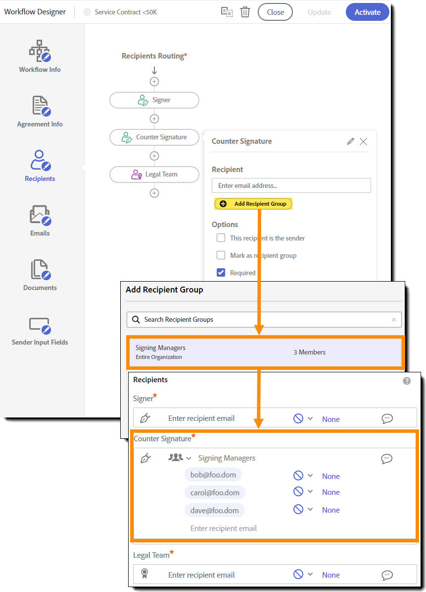 The recipient configuration panel with the Add Recipient Group button highlighted. Including the recipient group picker window and the resulting Send page