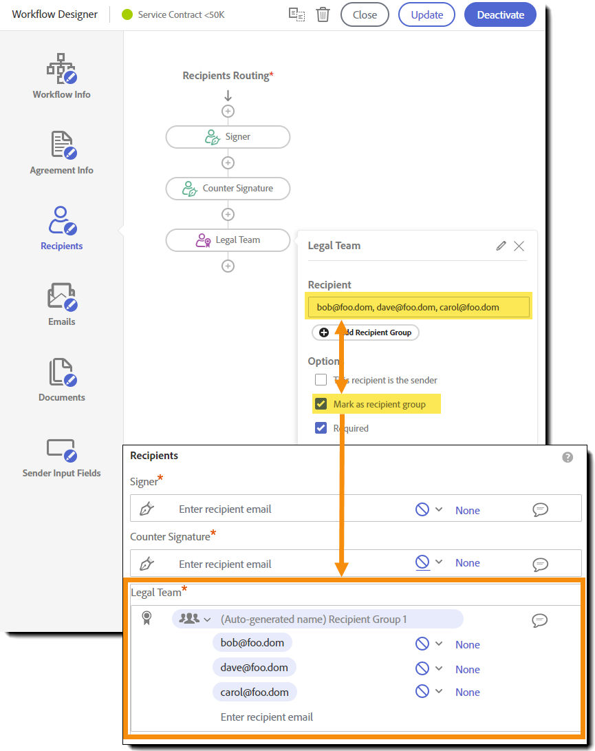 The workflow designer with Mark as recipient group selected and the resulting Send page with the recipient group members listed