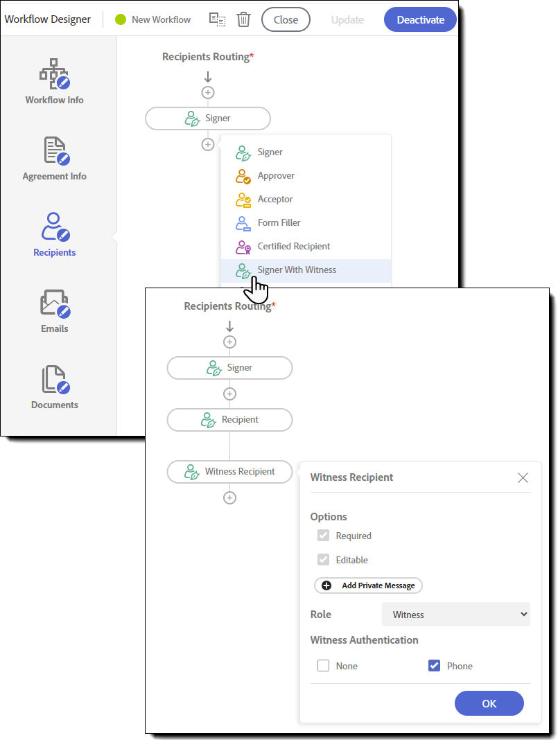 The Custom Send Workflow interface highlighting the Send With Witness role on the Recipients tab