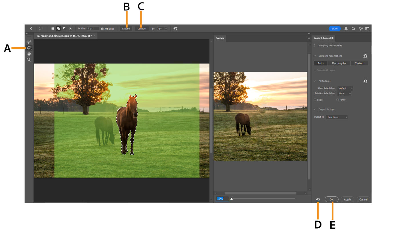 Call out screenshot of Photoshop workspace of Conten-aware fill settings.