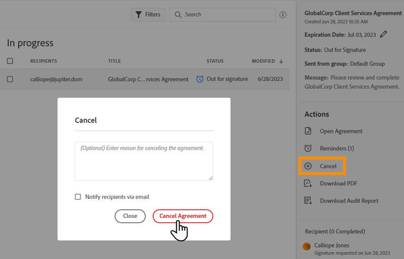 The Manage page with the Cancel action highlighted and the Cancel panel exposed