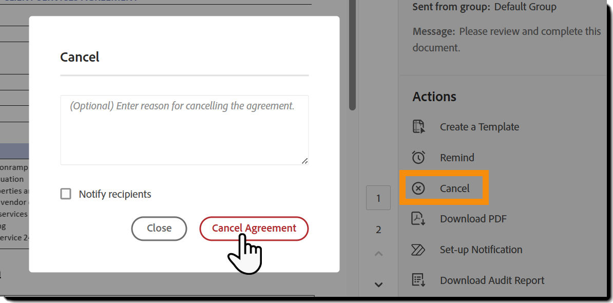 The Manage page with the Cancel action highlighted and the Cancel panel exposed