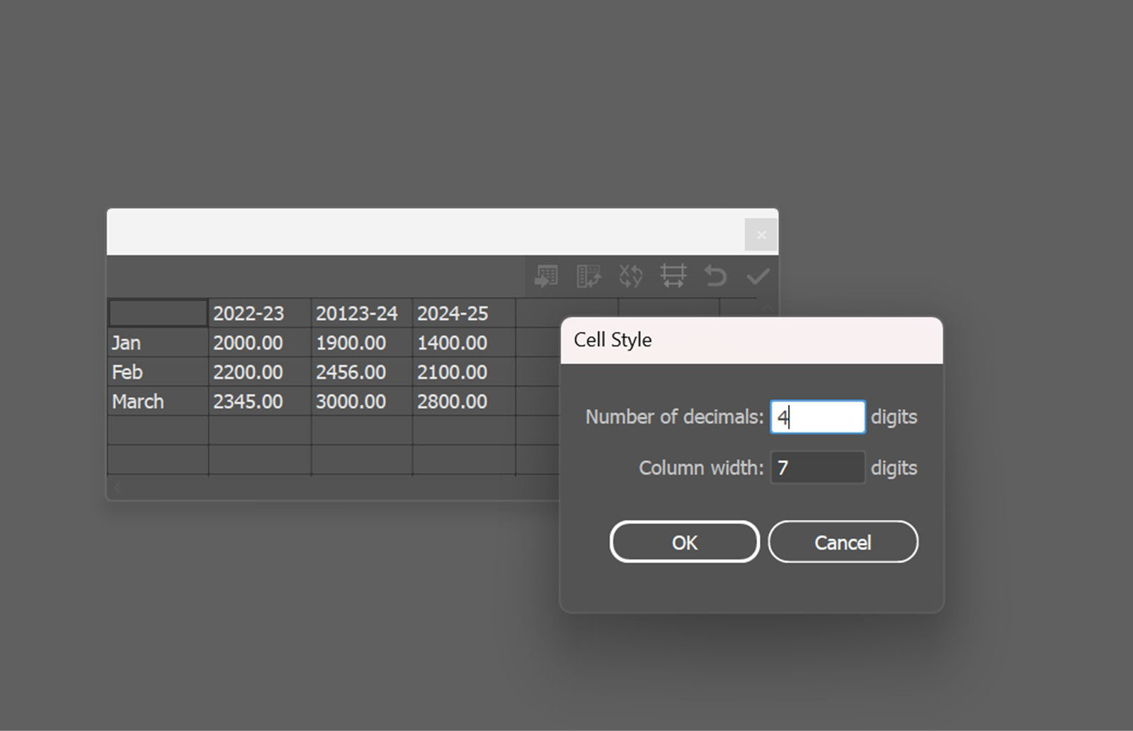 Cell Style dialog box from the Graph Data window, used to adjust the number of decimal places and set column width for selected cells.
