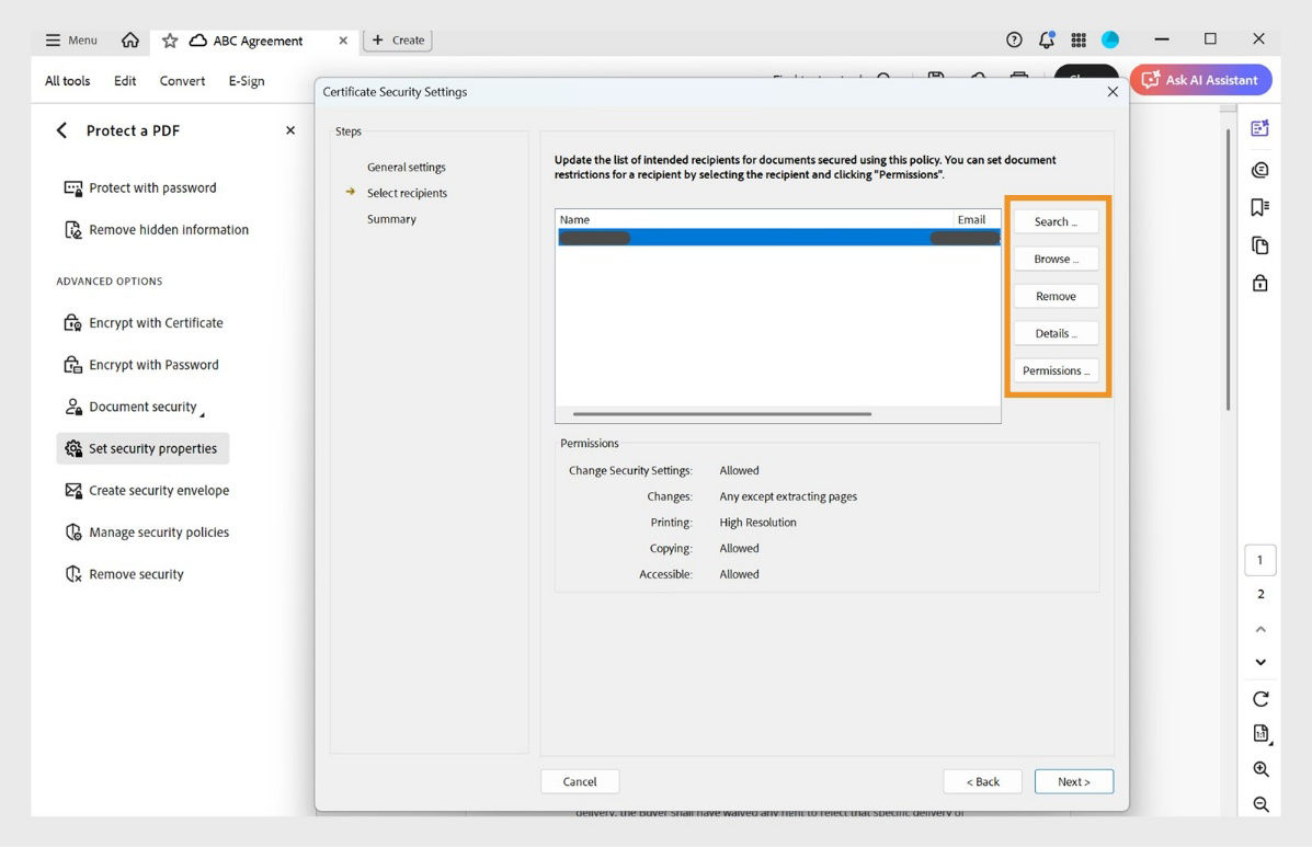 Certificate Security Settings dialog in Acrobat showing recipient list and options to search, browse, remove, view details, and set permissions.