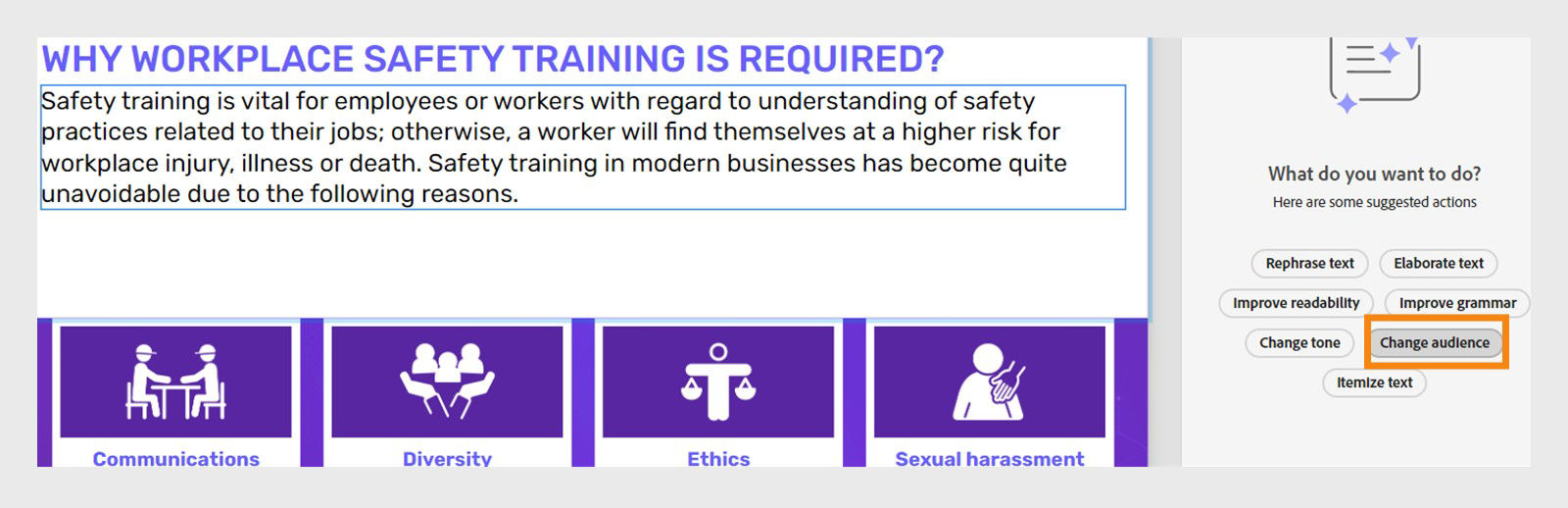 Change audience dialog showing the Generate text option with Change audience selected and additional context about rewriting for new employees or interns.