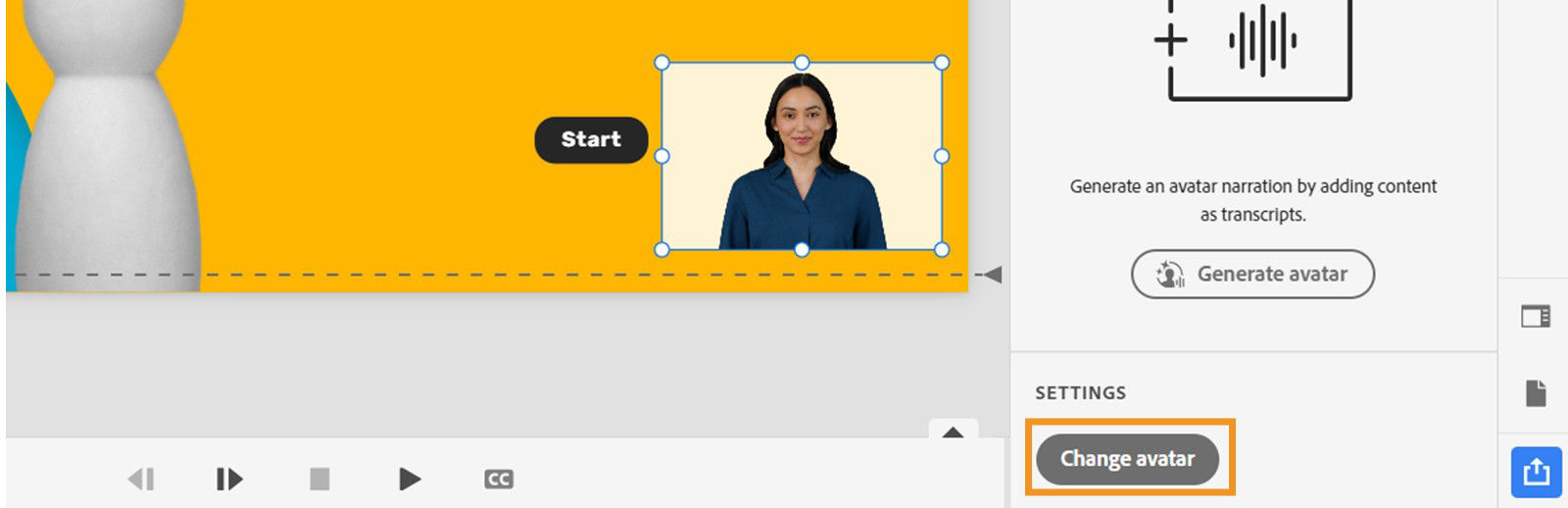 Visual properties panel with Change avatar option highlighted for a selected avatar on a slide.